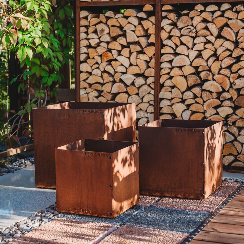 Corten steel set of 3 planters for garden