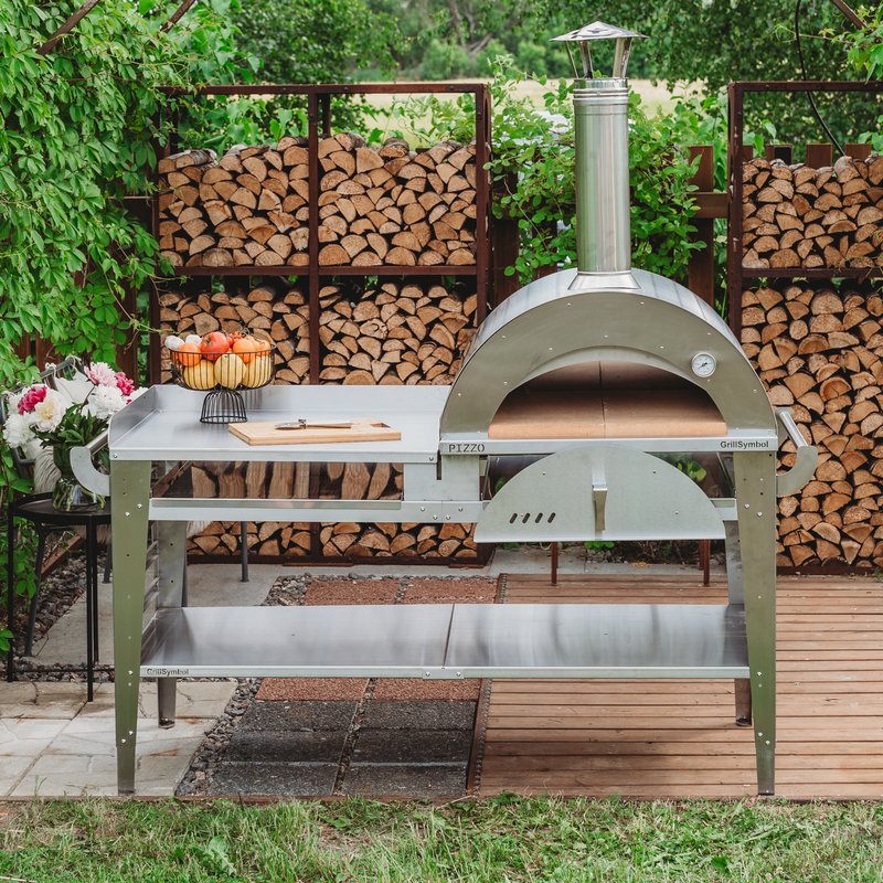 GrillSymbol Wood Fired Pizza Oven with Stand and Side Table Inox