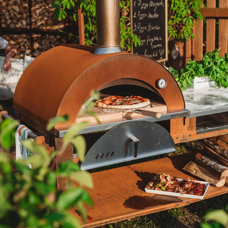 GrillSymbol Wood Fired Pizza Oven with Stand and Side Table