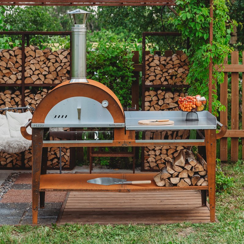 GrillSymbol Wood Fired Pizza Oven with Stand and Side Table