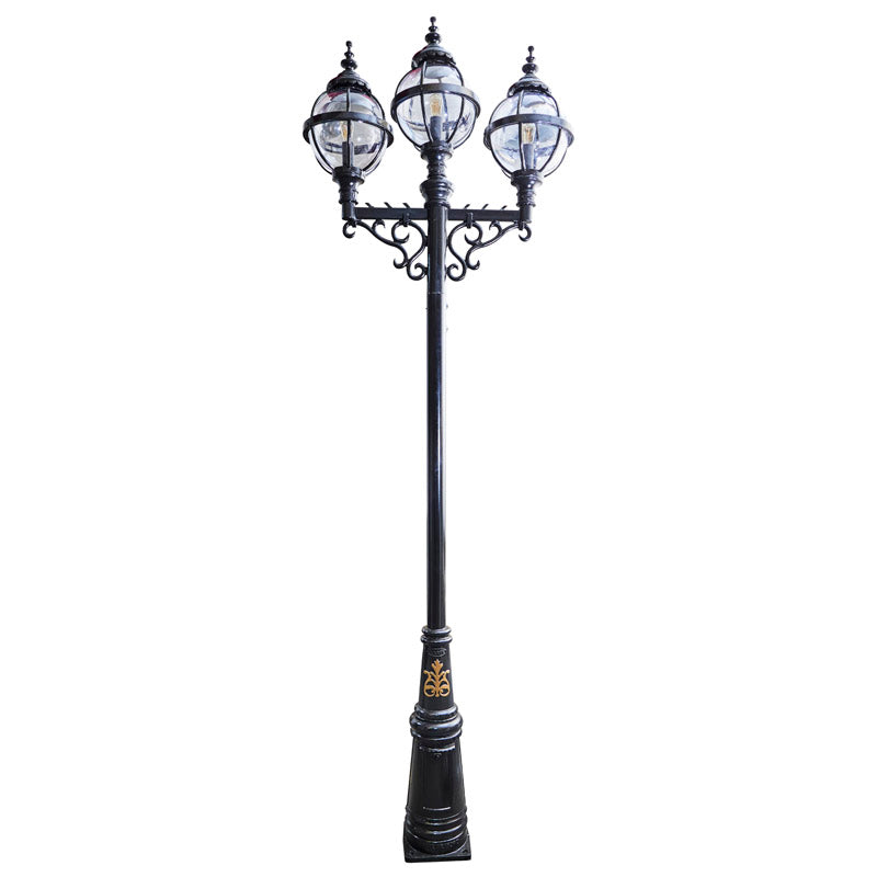 Harte Victorian style globe outdoor lamp post triple headed in cast iron 3.6m