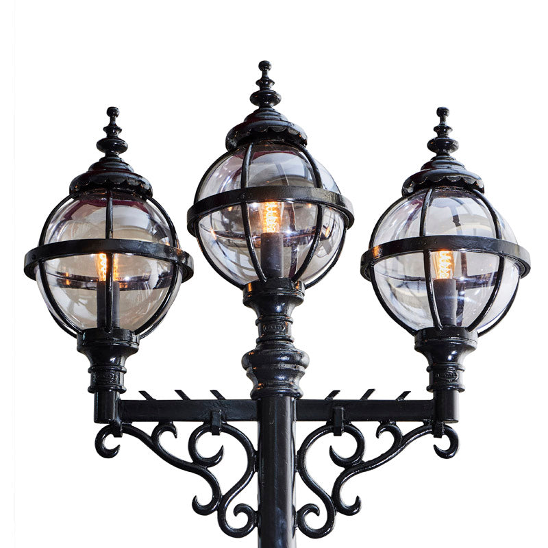 Harte Victorian style globe outdoor lamp post triple headed in cast iron 3.6m