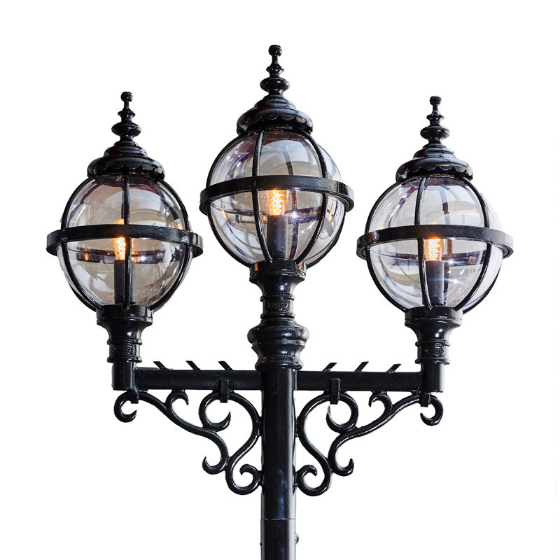 Victorian style globe outdoor lamp post triple headed in cast iron 3.6m