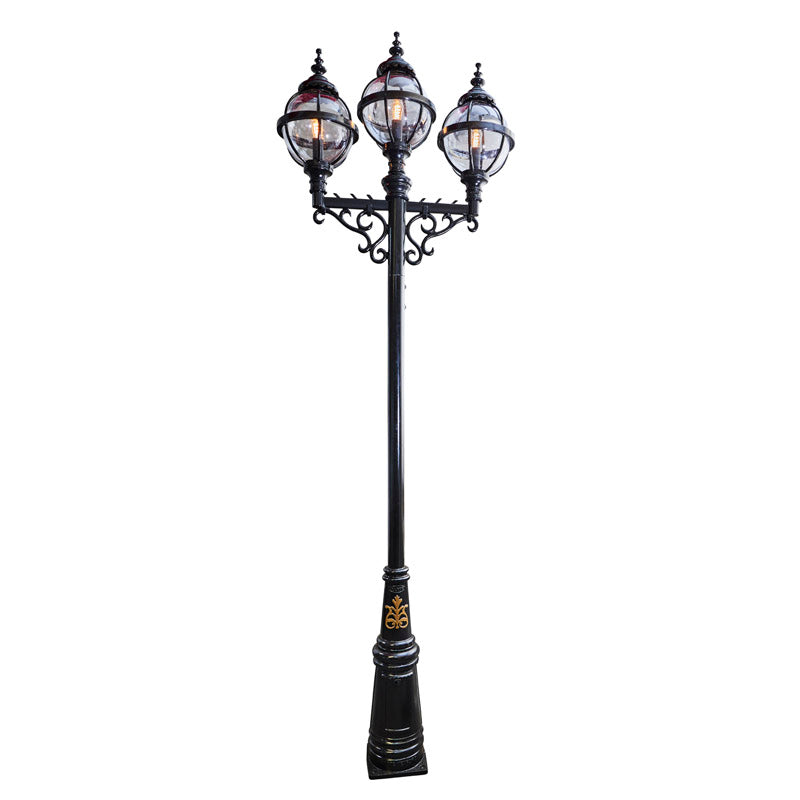 Harte Victorian style globe outdoor lamp post triple headed in cast iron 3.6m