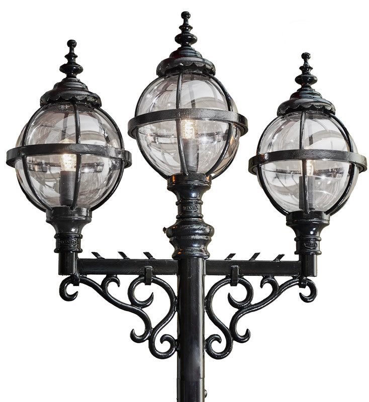 Harte Victorian style globe outdoor lamp post triple headed in cast iron 3.6m