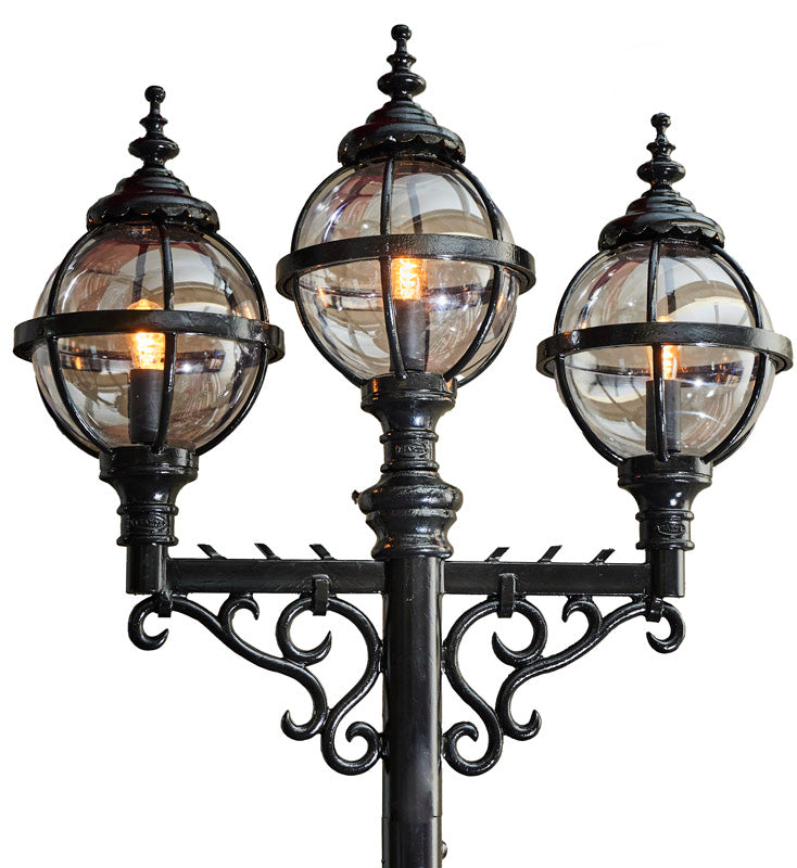 Victorian style globe outdoor lamp post triple headed in cast iron 3.6m