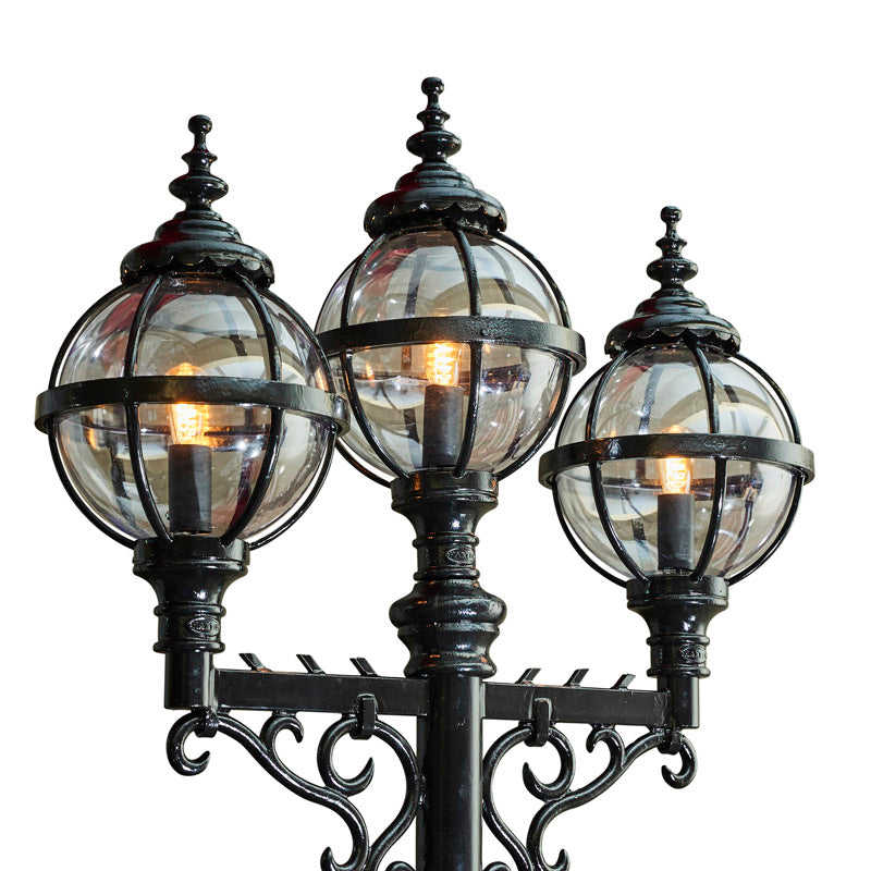 Harte Victorian style globe outdoor lamp post triple headed in cast iron 3.6m