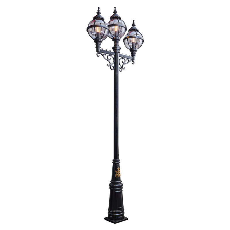 Victorian style globe outdoor lamp post triple headed in cast iron 3.6m