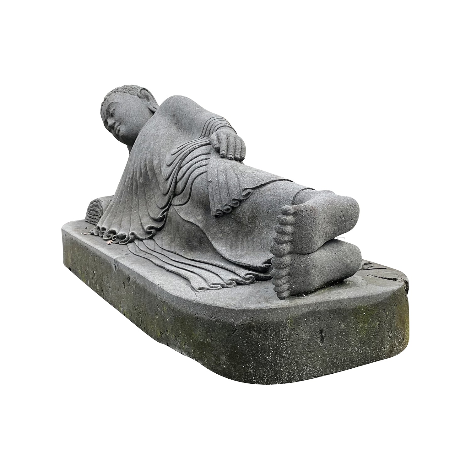 20th Century Grey Asian Vintage Garden Statue of a Lava Stone Reclining Buddha